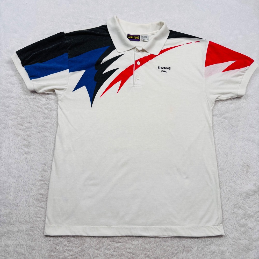 VTG 90s Spalding Polo Shirt Men M White Red Blue Geometric Colorblock Logo RARE - Picture 2 of 14